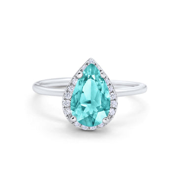 Halo Teardrop Wedding Ring Simulated Paraiba Tourmaline CZ 925 Sterling Silver